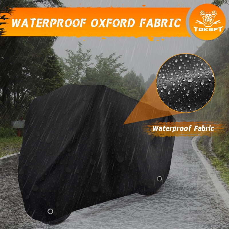 Tokept Motorcycle Cover Waterproof Sun with Lock-Holes & Storage Bag Heavy Duty Material, Fits up to 96"" Harley Davison and All Motors (XL Black) - Image 4